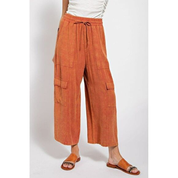 easel Pants - Easel It's All Good Mineral Washed Cargo Wide Leg Pants in Brick EB41457